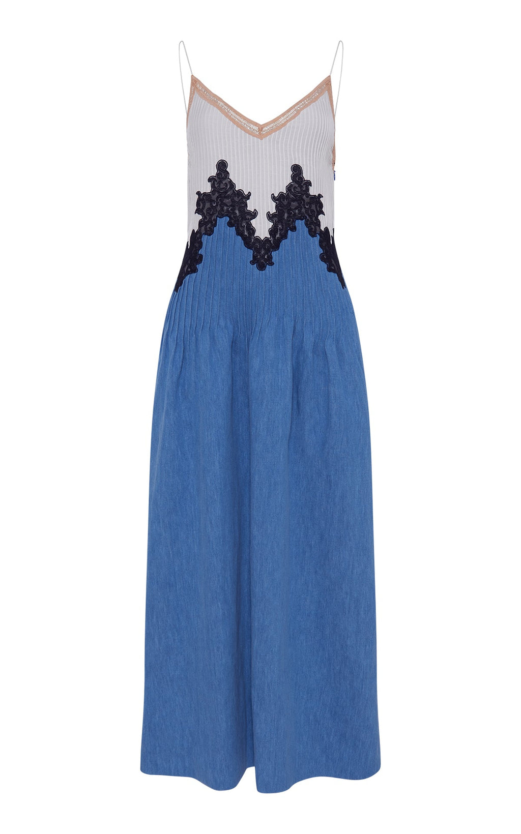 Althea Lace Slip Maxi Dress in Light Blue Recycled Cotton Linen Denim