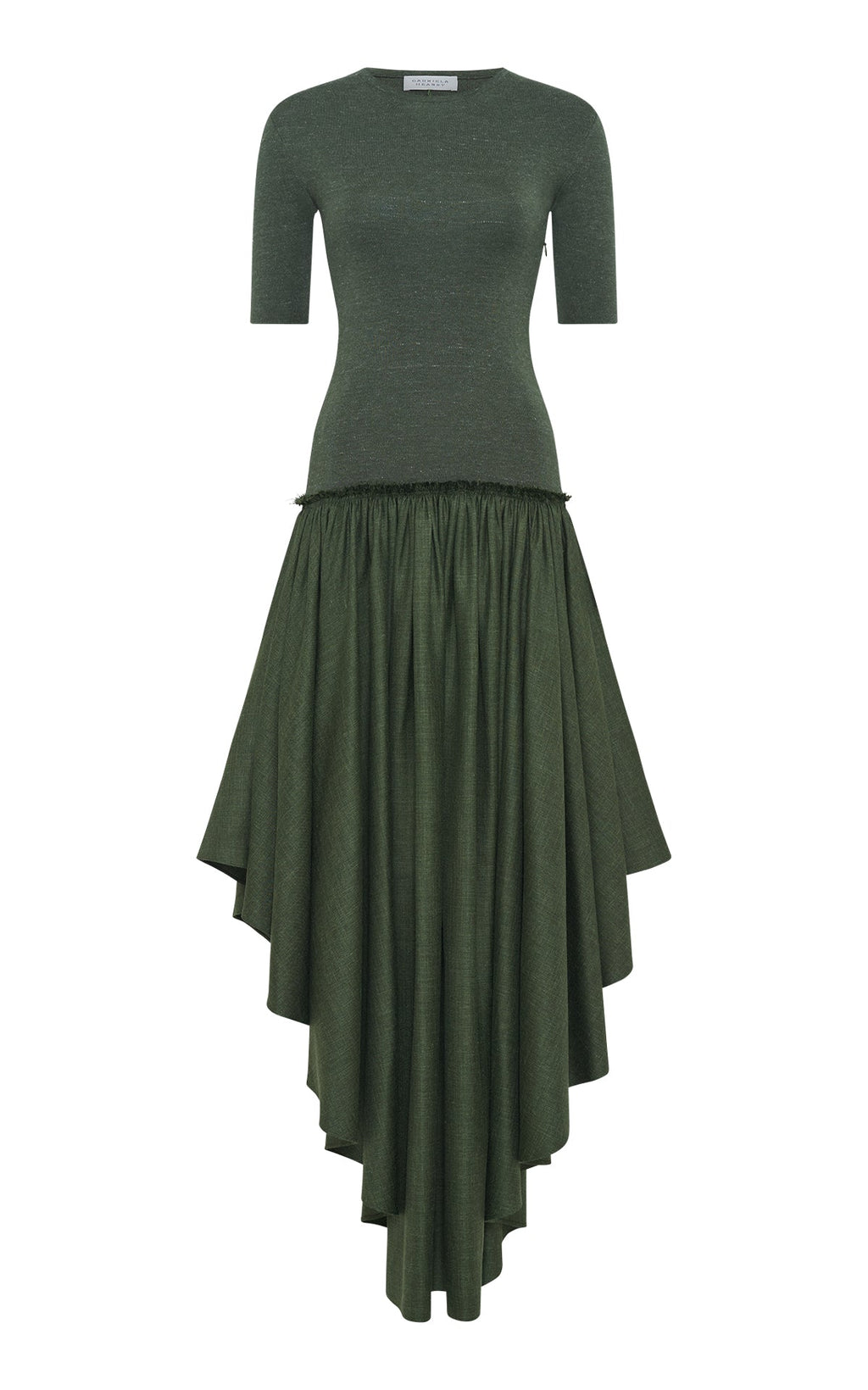 Sirona Pleated Maxi Dress in Olive Virgin Wool Silk with Linen