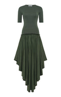 Sirona Pleated Maxi Dress in Olive Virgin Wool Silk with Linen
